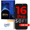 Phone screen protector packaging with 'EK Pro' branding and a smartphone displaying '16 Pro Soft' and '120 Hz'.