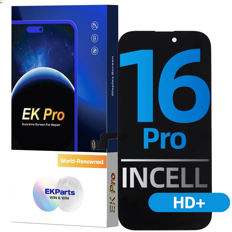 Phone screen protector packaging with 'EK Pro' branding and smartphone display labeled '16 Pro INCELL HD+'.